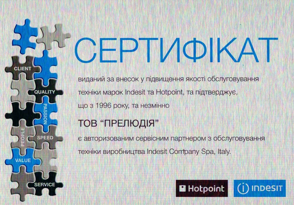 Сертифікат авторизації Indesit · Hotpoint-Ariston